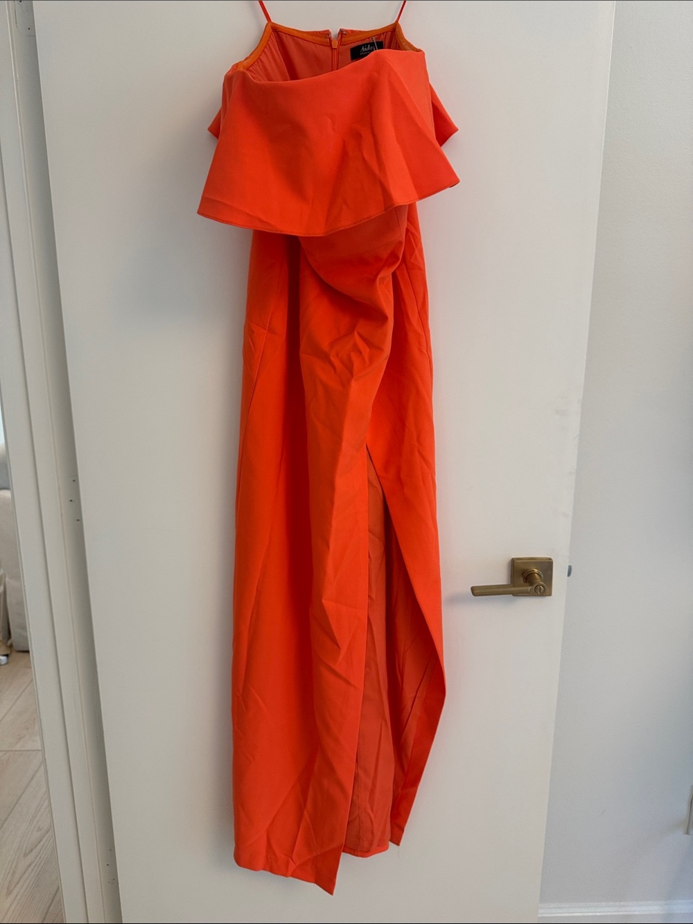 Aidan Mattox Bright Orange Ruffle Maxi Dress with Side Slit